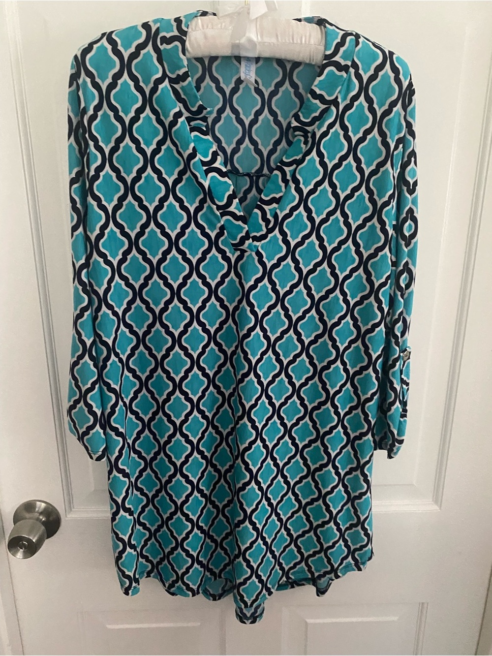 Geometric Teal and Navy V-Neck Tunic Top